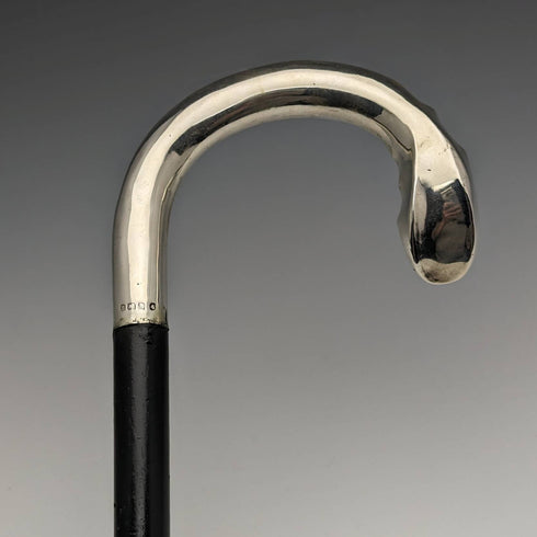 1909年 英国アンティーク 紳士用ステッキ 杖 純銀曲がりハンドル 92cm